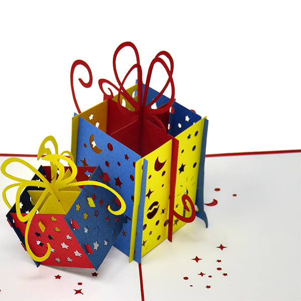 Birthday Gifts in Yellow, Blue, Navy and Red pop-up card