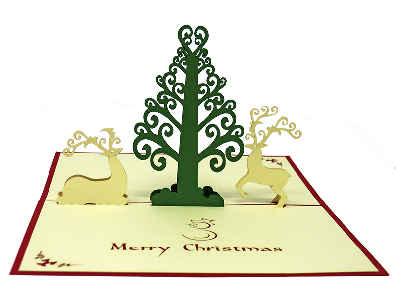 A Curly Christmas Tree and Reindeer pop-up card