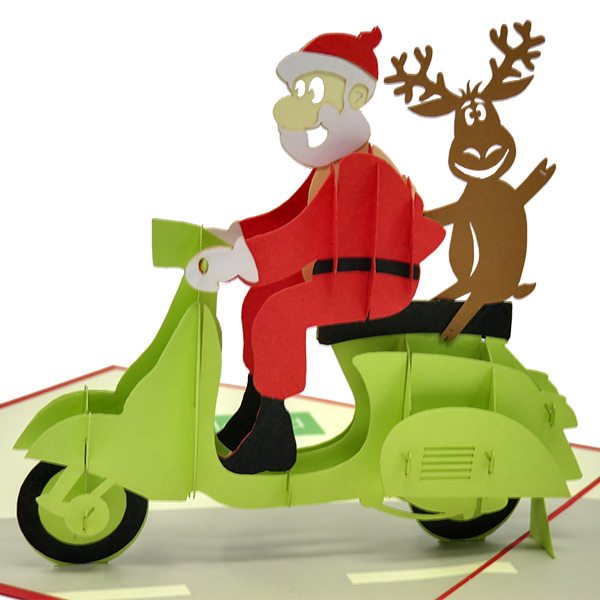 Santa and his Reindeer Riding a Vespa pop-up card