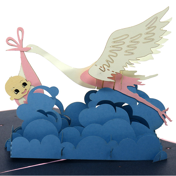 A Stork delivering a New Baby Girl pop-up card