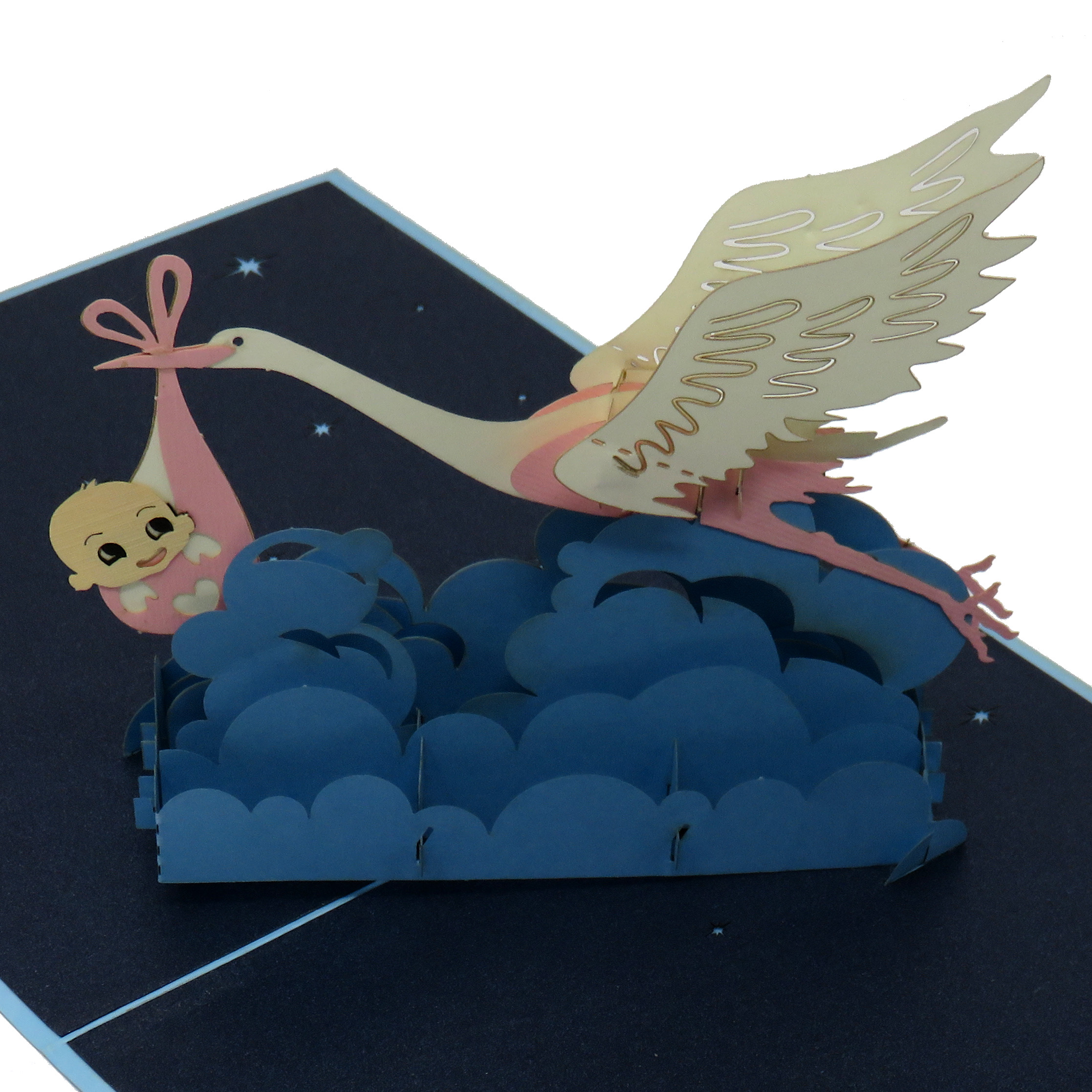 A Stork delivering a New Baby Boy pop-up card
