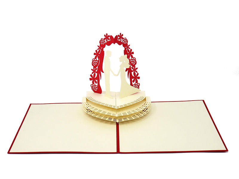 Bride and Groom under a Flower Arch on Heart Shaped Steps pop-up card